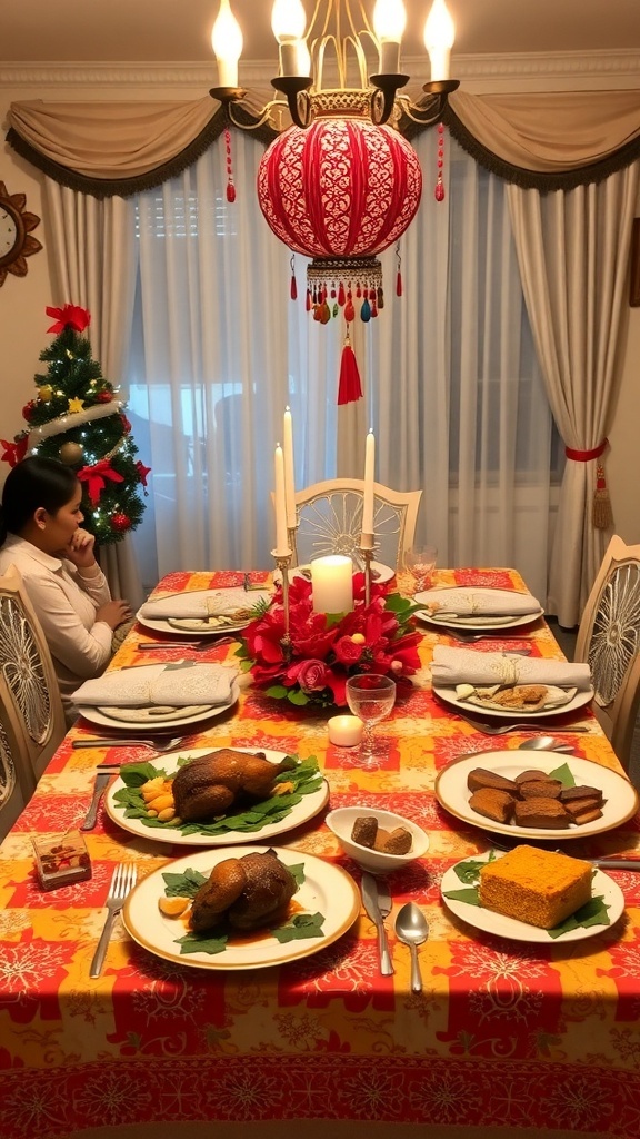 Traditional Christmas Table Settings in the Philippines A festive Filipino Christmas table setting with colorful decorations, traditional dishes, and warm candlelight.